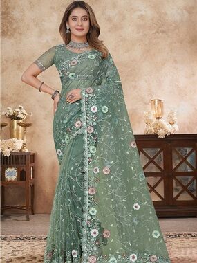 Embroidered Seafoam Green Floral Saree